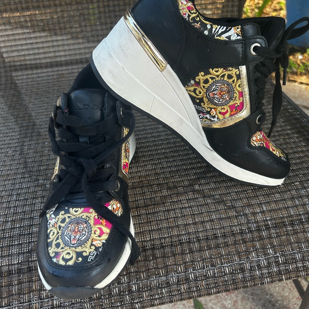 ALDO Black Platform Sneakers with Gold & Pink Accents